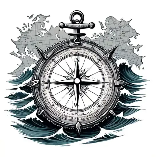 Compass And Anchor On Map With Waves Crashing