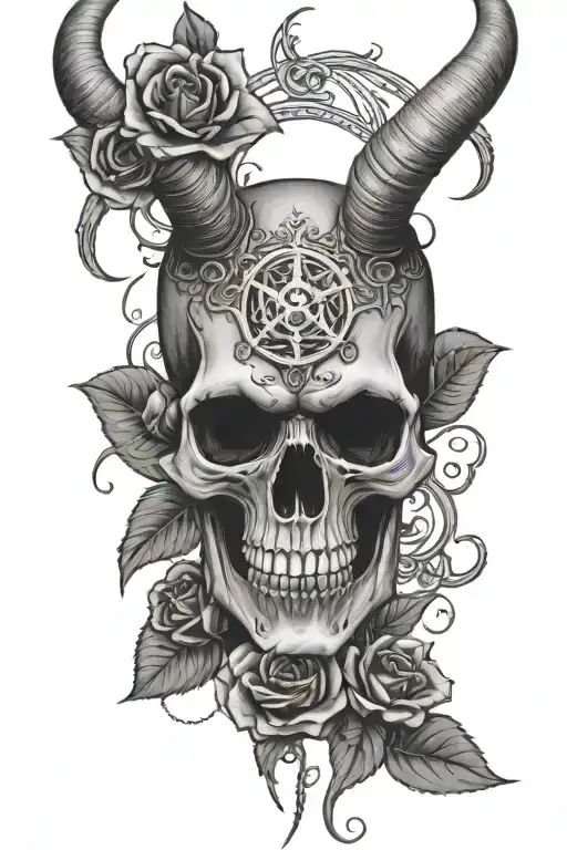 Satanic Skull With Horns And Roses