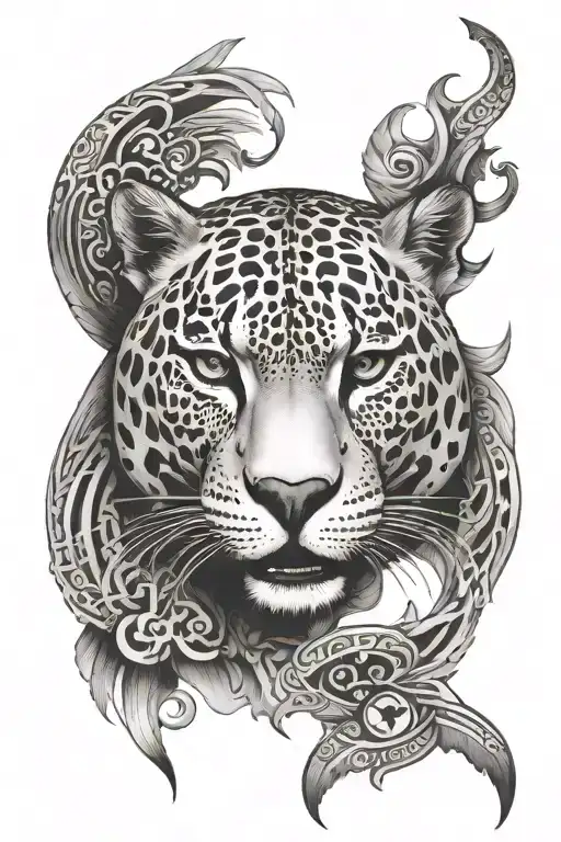 Create A Tattoo Of A Jaguar Intertwined With Aztec Symbols And Patterns
