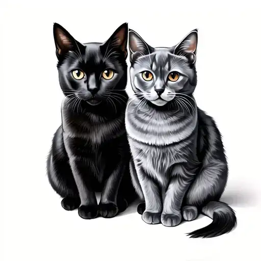 Microrealism Grey Cat Sitting Next To Black Cat