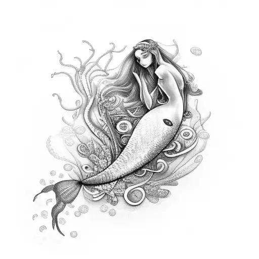 Mermaid And Jelly Fish With Flowers