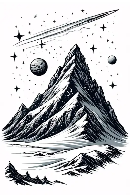 Snowy Mountain With Stars And Planets