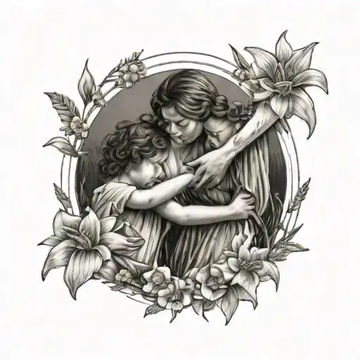 Mother Holding Daughters Hand In Field Of Narcissus And Marigold Flowers