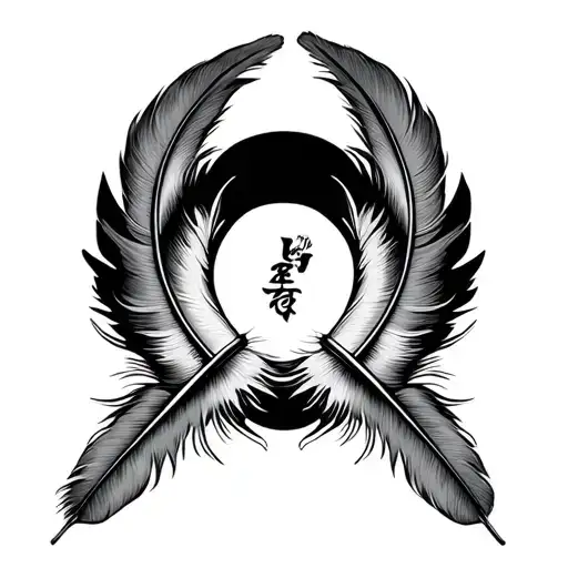 Two Feathers Forming A Semi Circle With Something In The Middle