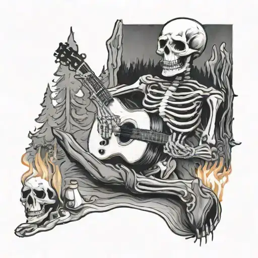 Skeleton Playing Guitar Next To A Campfire