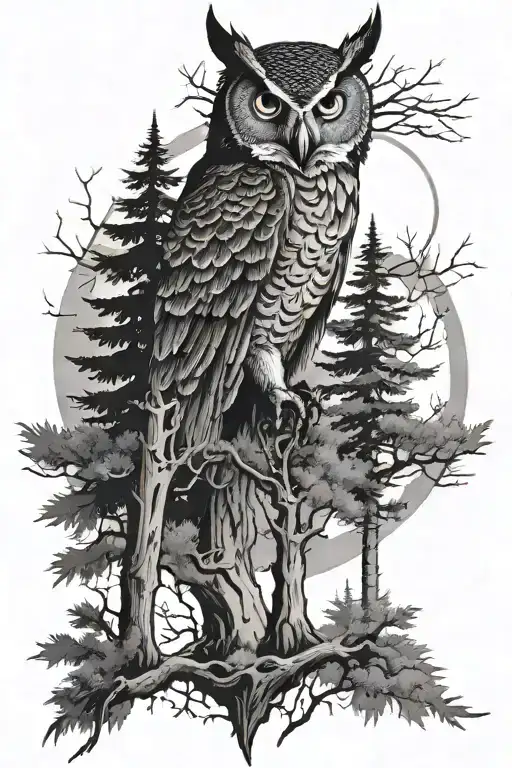 Forest Scene With Owl And Moon Surrounded