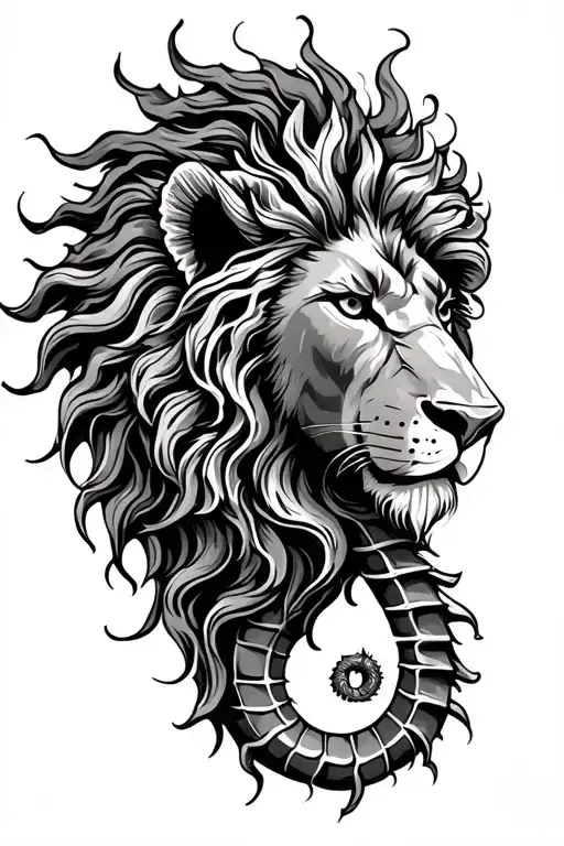 Lion Head With Seahorse Hiding In Mane Symbolizing Strength