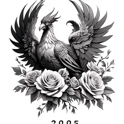 Magistic Phoenix Surounded By Beautiful Roses And 2005 Number