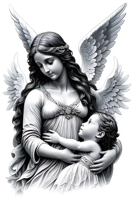 Guardian Mother Angel With Wings Protecting A Child Tattoo Design