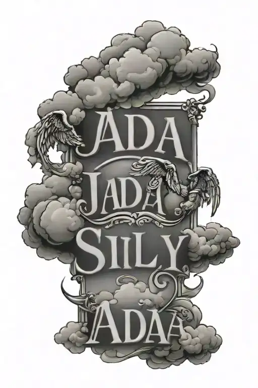 The Word Jada With Clouds On Top Of It With Angels In The Clouds And The Words Ball 4 Sly Above It