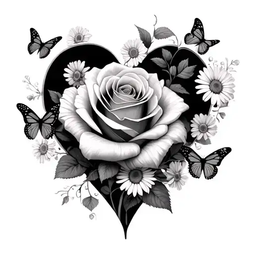 Rose And Daisys In The Outline Of A Heart With Butterflies Around
