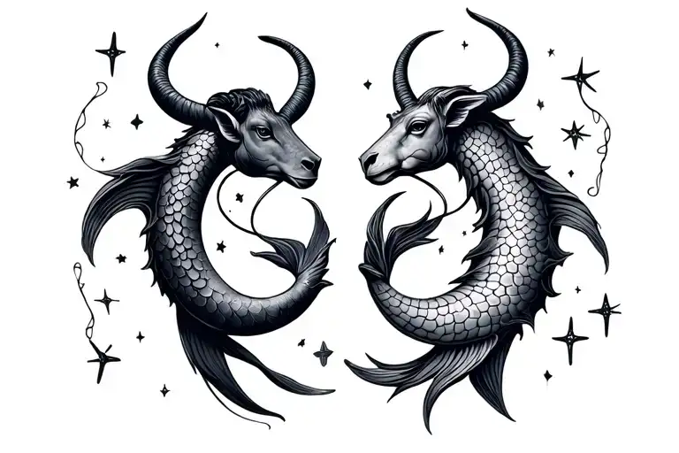 Capricorn And Pisces Zodiac Signs Connected By Whimsical String With Stars On It