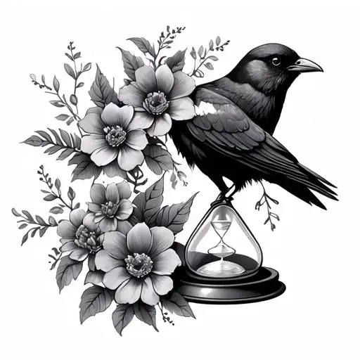 Hourglass With Crow And Flowers