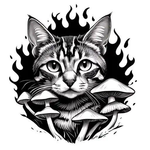 Catcam Of A Cat In Fire With Mushrooms