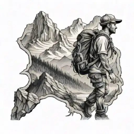 A Detailed Tattoo Featuring A Backpacker Exploring A Mountain Landscape