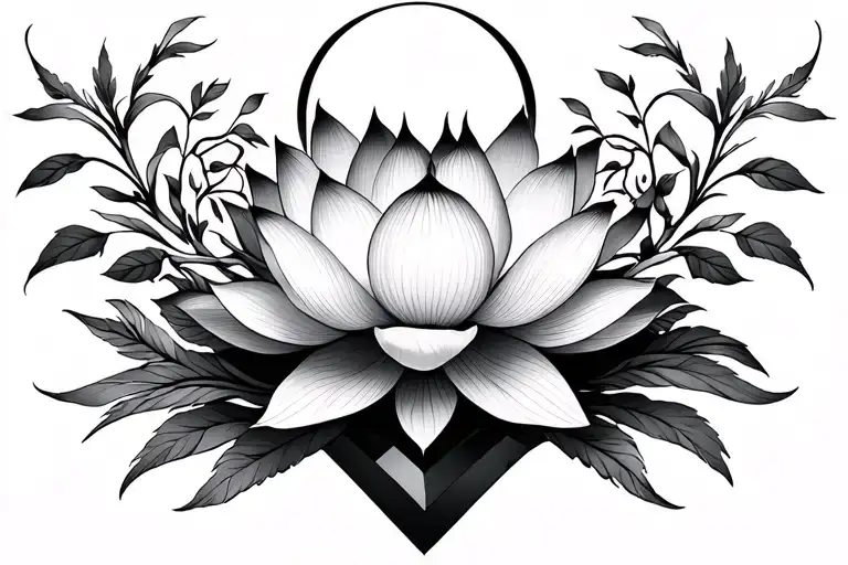 Blooming Lotus With Geometric Vines Below With Crescent Moon Above