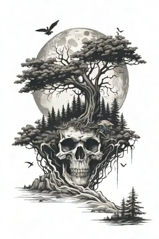I Want A Forest Orizon With Waves On The Bottom And A Skull-moon In The Sky