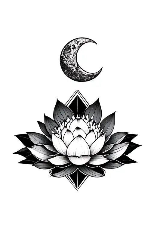 Geometric Pattern Belowblooming Lotus In The Center With Crescent Moon Above