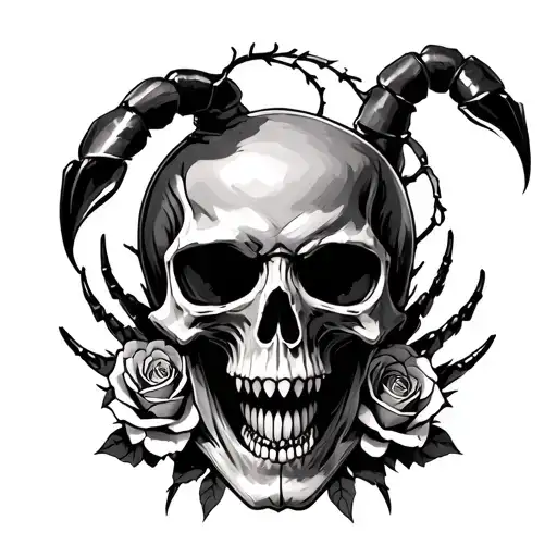 Reaper Skull With Fangs With A Scorpion And Roses