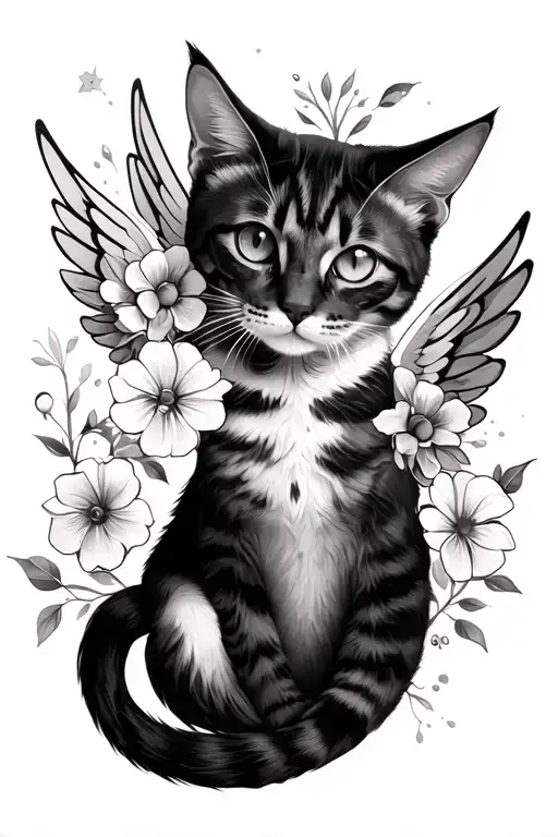 Cat With Flowers And Wings Lying On Back