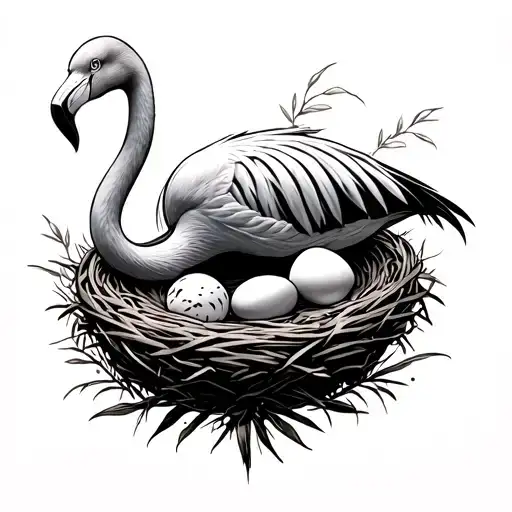 Flamingo With 2 Smaller Flamingo's And 3 Eggs In A Nest