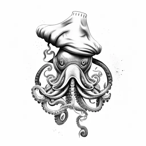 A Black-grey Tattoo Of A Muscular Octopus Cooking In A Chef's Hat