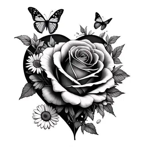 Rose And Daisys In The Outline Of A Heart With Butterflies Around