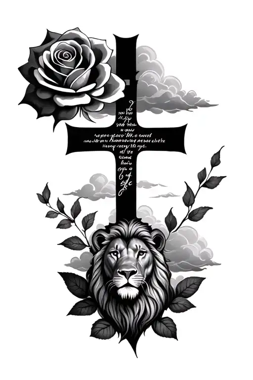 Forearm Tat With Rose Clouds A Cross With A Bible Verse On It And A Lion
