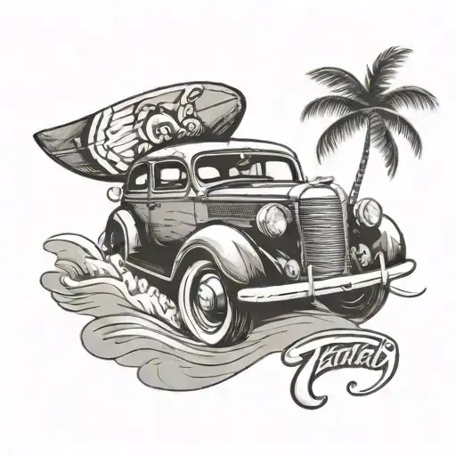 A Vintage Car Driving On A Beach With A Surfboard On Top