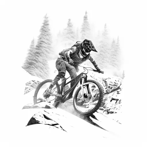 A Dynamic Black And Grey Tattoo Of A Mountain Biker Conquering A Rugged Trail