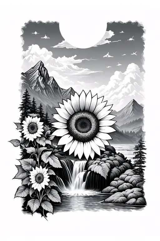 Mountain Waterfall And Sunflower