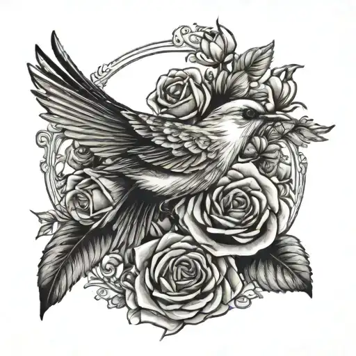 Bird Flying In A Frame Of Roses Growing