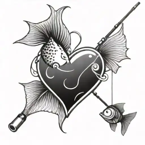 Fishing Pole And Fish In The Shape Of An Upside Down Heart