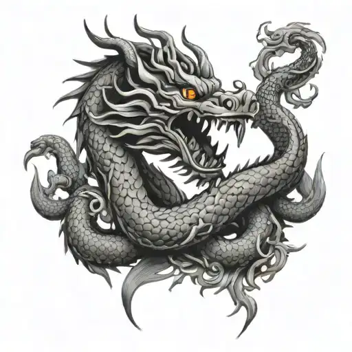 A Combination Of Chinese Dragon And Medusa In A Black-grey Style