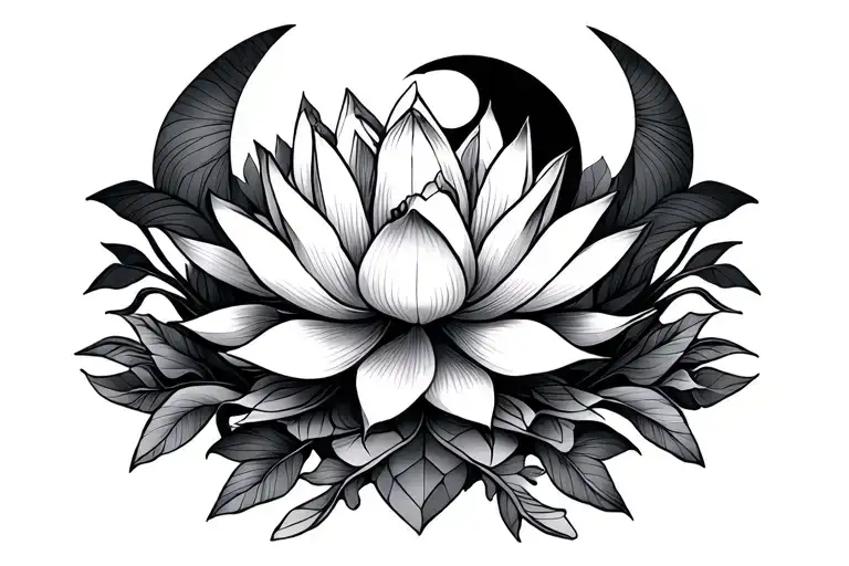 Blooming Lotus With Geometric Vines Below With Crescent Moon Above
