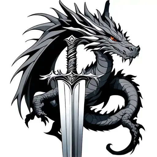 Black And Gray Four Legged Dragon Wrapped Around A Dagger