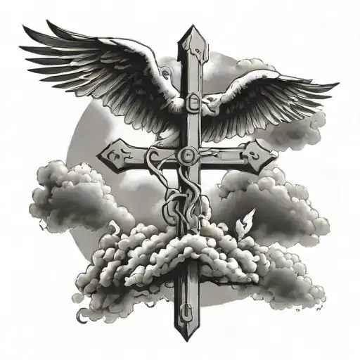 Three Crosses Next To Eachother With Clouds In The Back And A Dove In The Clouds
