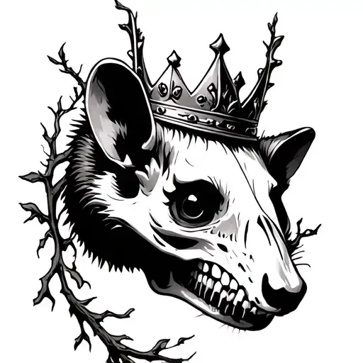 An Opossum Skull With A Crown On It's Head And Vines And Branches Around It