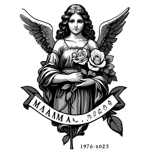 Female Angel With A Rose In Hand And The Mama 1976-2025 Lettering
