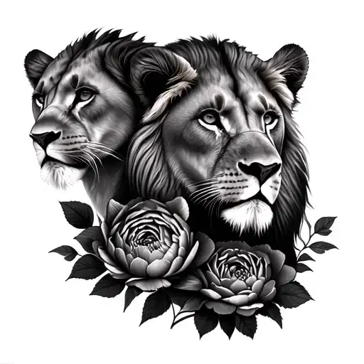 Lioness With 1 Lion Cubs Peony And Dhalia Flowers