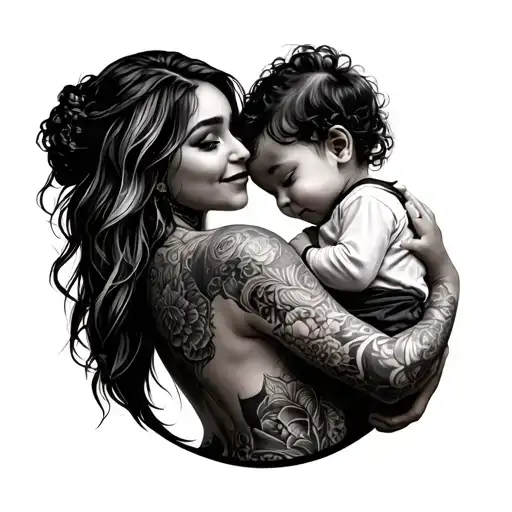 Tatted Mom Carrying Her Child Standing