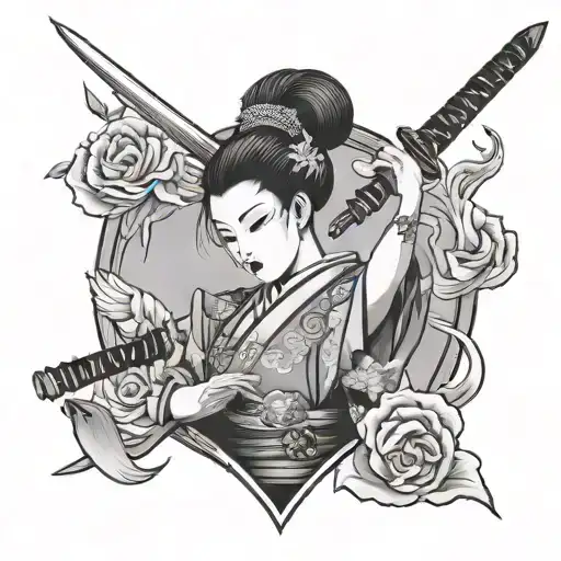A Japanese Geisha Holding A Heart With A Dagger Stabbing