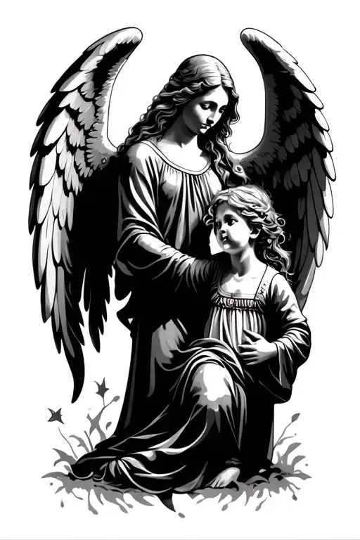 Guardian Mother Angel With Wings Protecting A Child Tattoo Design