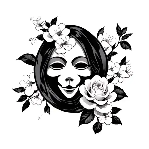 Gothic No Face Mask Beneath Roses And Cherry Blossoms