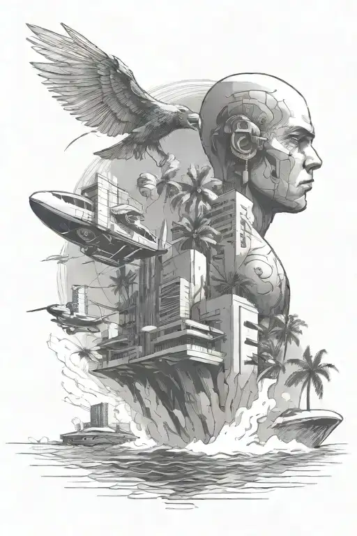 A Men Fly Over Futuristic Buildings Near A Beach With Palm Trees