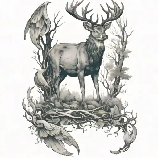 A Deer With Angel Wings Standing In A Forest Surrounded By Other Woodland Animals