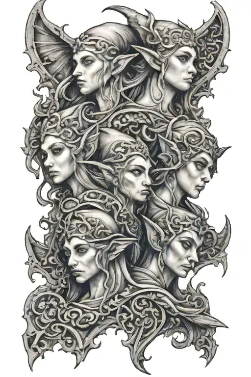 An Intricate Design Of Stone Crerature Carrying Three Female Elves On His Shoulder