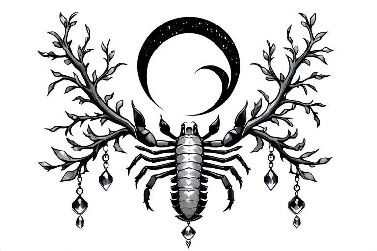 Vines With Dangling Jewels With Scorpion In The Center With A Moon Above It