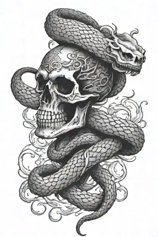 Mythical Snake Wrapped Around A Skull
