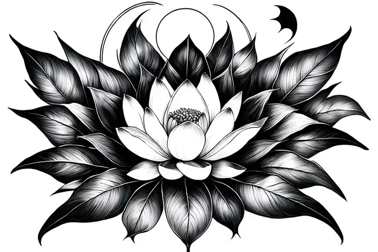 Geometric Shapes Below Blooming Lotus With Crescent Moon Above